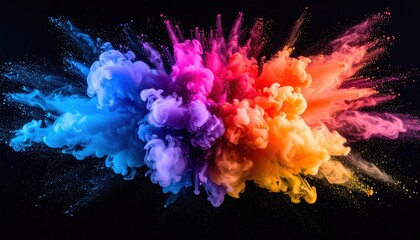 Fototapeta premium Burst of vibrant pigments expands against black backdrop. Hues range from violet to orange, creating chaotic & mesmerizing abstract effect