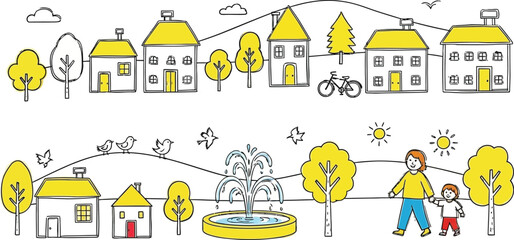 Cartoon neighborhood illustration with houses trees and people vector graphic