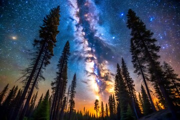Naklejka premium Milky way over the forest with tall trees at night