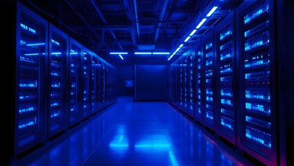 A server room filled with glowing blue lights illuminates the space, creating a futuristic and hightech atmosphere, showcasing the heart of data processing and storage