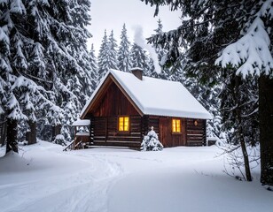 Cozy winter cabin in snowy forest