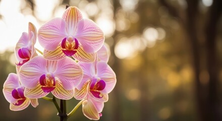 Naklejka na ściany i meble Delicate pink and yellow orchids bloom in soft sunlight
