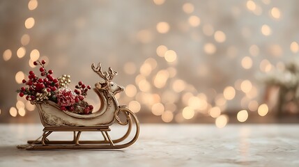 Elegant christmas sleigh decoration with reindeer and red berries on blurred lights background with copy space