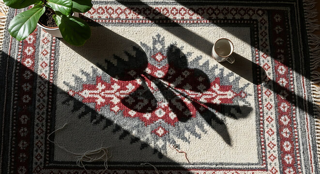 Bohemian Geometric Patterned Rug with Sunlight and Shadows. - Powered by Adobe