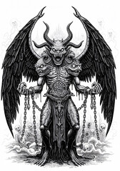 Multiheaded Demon with Chains Wings and a Sinister Menacing Presence.