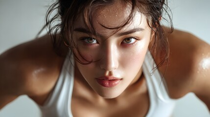 Powerful and intimate close up portrait showcasing the model s striking facial features bold makeup and penetrating gaze creating an alluring and compelling image