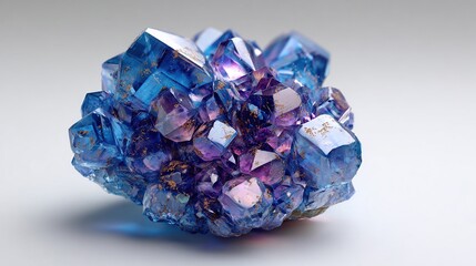 Close-up of a cluster of multifaceted, vibrant blue and purple crystals