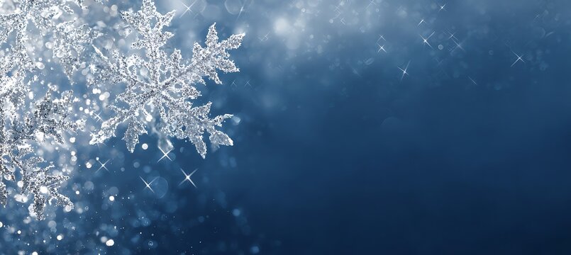 A beautiful snowflake on a dark blue background with bokeh lights creating a magical winter atmosphere