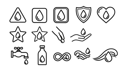 Collection of Water Drop Icons in Various Shapes and Contexts