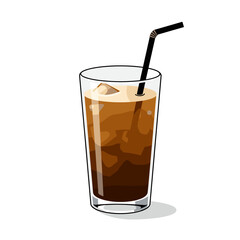 Refreshing iced coffee in a tall glass with a black straw, vector illustration