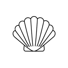 Simple Black Outline of a Scallop Shell on a White Background.
