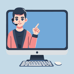 Cartoon Man With Headset Appearing On Computer Screen