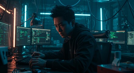 Person working in a dark technology room