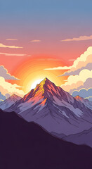 Mountain Peak at Sunrise with Clouds Landscape Illustration