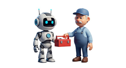 Robot receives toolbox from mechanic isolated on a transparent background tools assistance