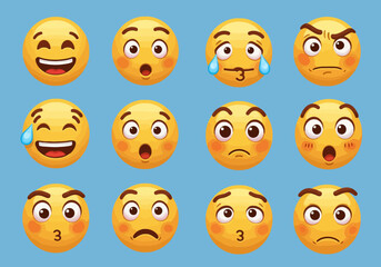 Fototapeta premium Collection of Yellow Emoji Faces Expressing Different Emotions on Blue Background.