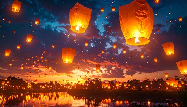 Magical lantern sky celebration. Paper lanterns floating in night sky during Diwali - Powered by Adobe