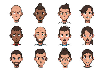 Fototapeta premium Diverse Cartoon Faces with Angry and Surprised Expressions Various Hairstyles and Skin Tones.