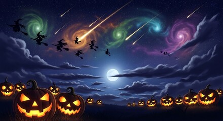 Enchanting Halloween Night: Witches, Pumpkins, Meteors and Eerie Galaxy Scenery