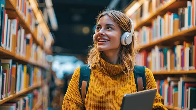 Young woman library wearing yellow sweater and headphones, smiling student holding tablet, joyful expression while walking among bookshelves