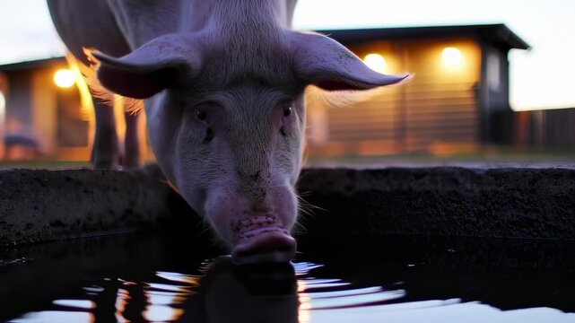 Captivating close-up of a pig drinking water at dusk showcasing farm life