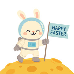 Cute Easter bunny astronaut with Happy Easter flag on the moon, holiday space illustration, festive cartoon character for Easter greeting cards, posters and decorations
