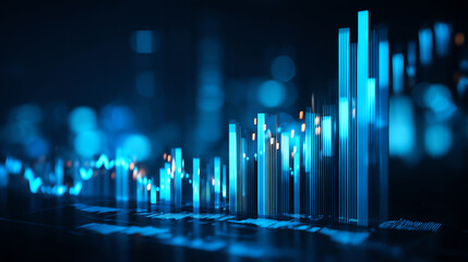 3D glowing blue bar graph with fluctuating data points, representing financial or technological analytics in a dark digital environment