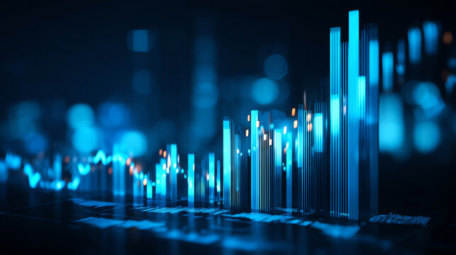 3D glowing blue bar graph with fluctuating data points, representing financial or technological analytics in a dark digital environment