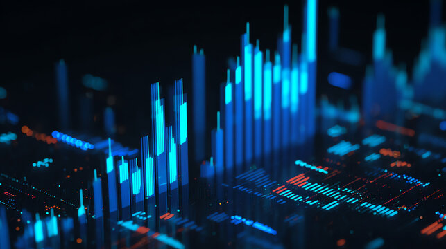 3D digital representation of glowing blue and orange bar charts and data points on a dark background, symbolizing data analysis, finance, or technology