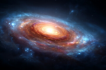 Fototapeta premium Spiral galaxy glowing brightly in space with swirling arms of stars, dust, and cosmic clouds against a dark starry background