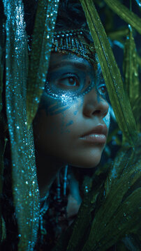 Mystical Amazonian indigenous spirit with ceremonial paint.