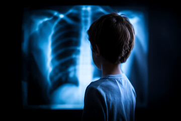A young boy stands in front of a glowing chest X-ray image, highlighting ribs and lungs, in a dimly lit medical setting focused on diagnosis and health