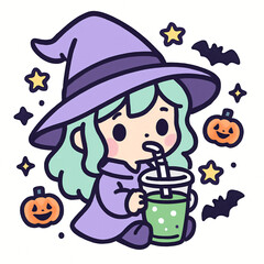 Cute Cartoon Witch Character: Playful Spooky Illustration on White Background