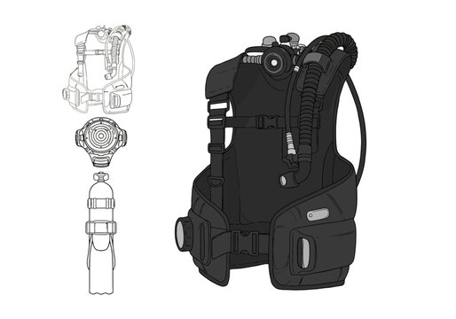 Black Diving BCD with Accessories and Detailed Design.