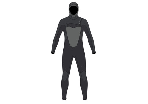 FullBody Black Wetsuit with Hood and Chest Zipper Detail.