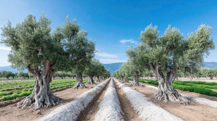 Fototapeta premium An ancient olive grove at sunset, harmonious coexistence of old trees and new crops, golden light, rustic agricultural scene 