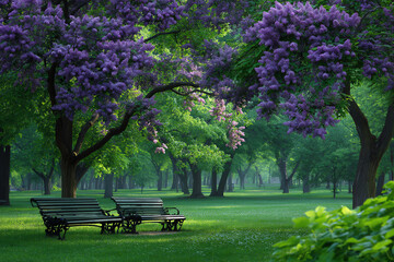Obraz premium Two empty benches sit beneath vibrant purple flowering trees in a peaceful, lush green park filled with abundant foliage and soft natural light