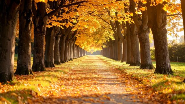 Scenic view of an avenue with trees in vibrant autumnal colors and fallen leaves covering the ground, creating a warm and inviting atmosphere