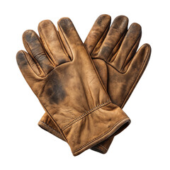 Worn leather gloves isolated on a transparent background brown textured