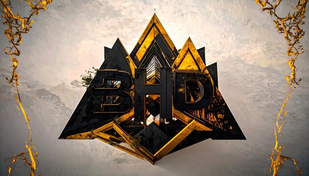 Gold and black stylized logo, 3D design with mountain-like shapes, initials BHD