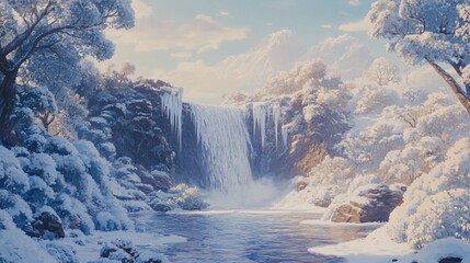 Serene Winter Cascade: Frozen Waterfall Landscape with Snow-Covered Forest