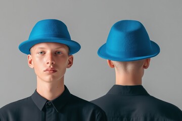 A young man wearing a bright blue fedora hat mockup, facing forward and backward, with a neutral expression, dressed in a black shirt, minimalist background