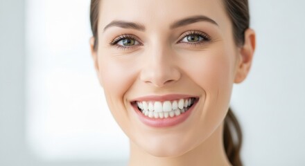 Naklejka premium A beautiful young woman with flawless skin and a stunningly white smile, looking directly at the camera with happiness.