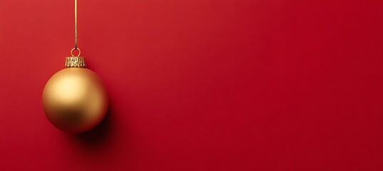 Golden christmas ball hanging on a red background with copy space for text and holiday greetings