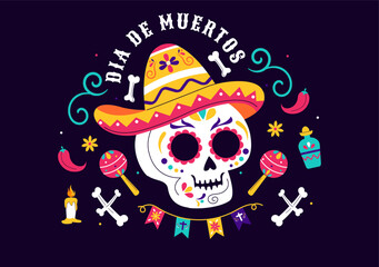 Dia de los Muertos or Day of the Dead Vector Illustration featuring a Skeleton Playing Music, Wearing a Sombrero and Traditional Mexican Costume