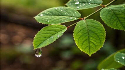 Many clear water droplets rest on vivid green leaves, with one perfectly round drop suspended at the leaf tip.
