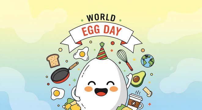 Happy World Egg Day! Cute cartoon egg celebrating with breakfast foods. - Powered by Adobe