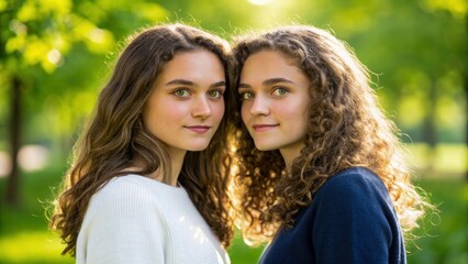 Fototapeta premium Twin young woman curly hair green eye outdoor natural light Two young identical twin women with curly hair and green eyes standing close together