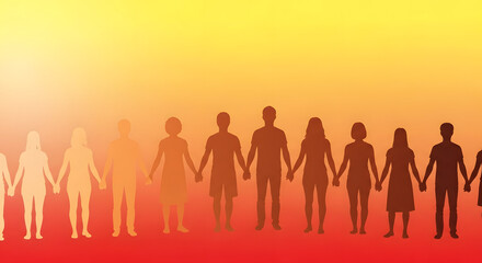Silhouetted figures of diverse people holding hands against a vibrant gradient background, symbolizing unity.