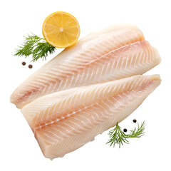 Two raw fish fillets with lemon and dill on black background seafood uncooked